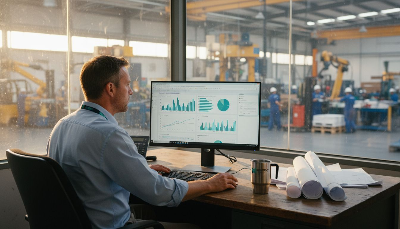 Plant manager viewing manufacturing software dashboard