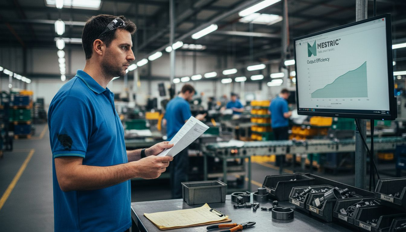 Factory supervisor reviewing production data printout