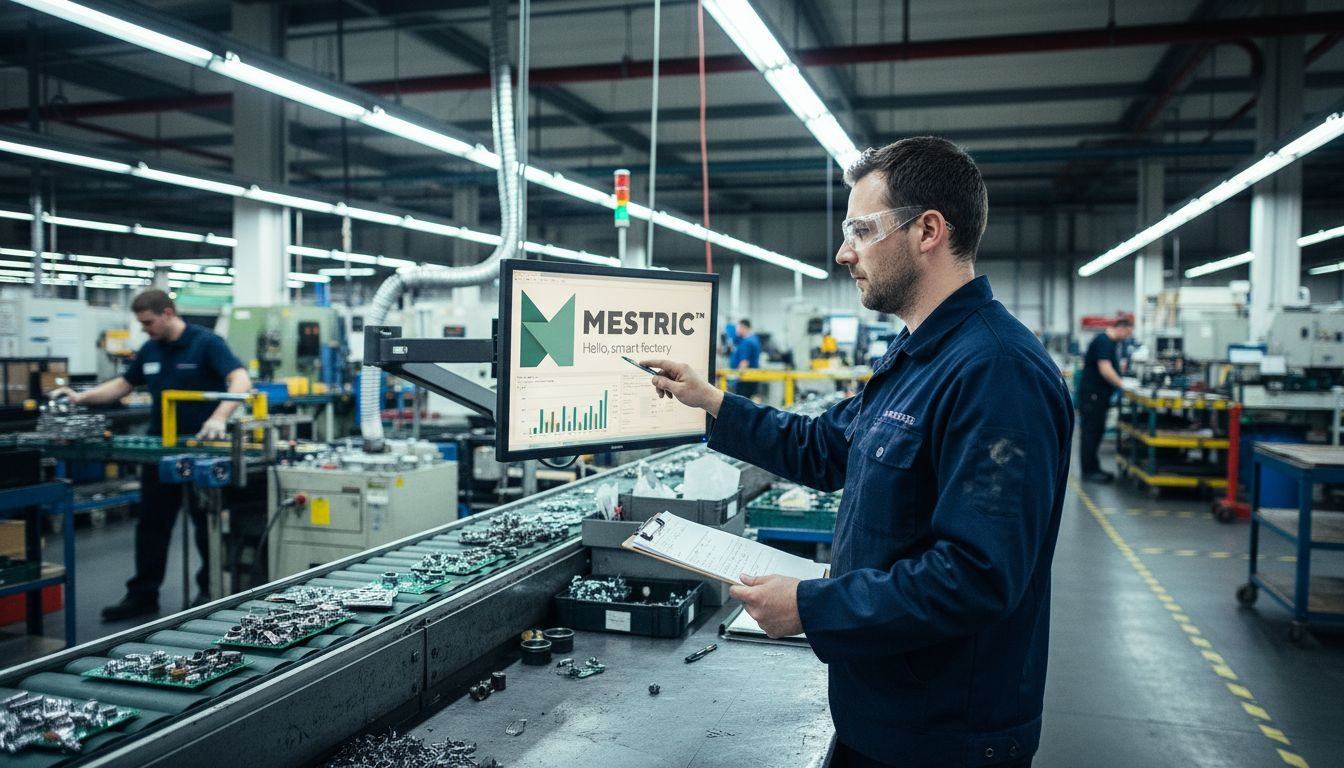 Engineer reviews production data on factory floor