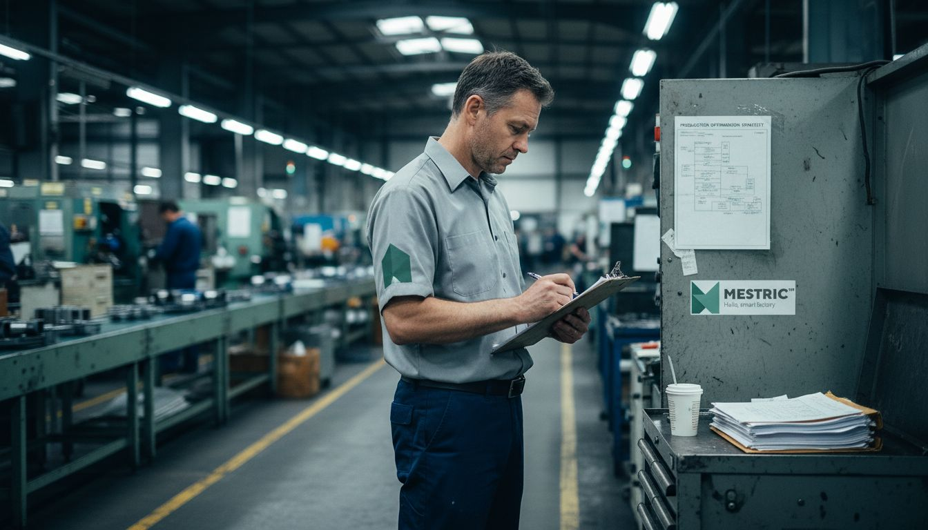 Manager assessing manufacturing workflow on factory floor