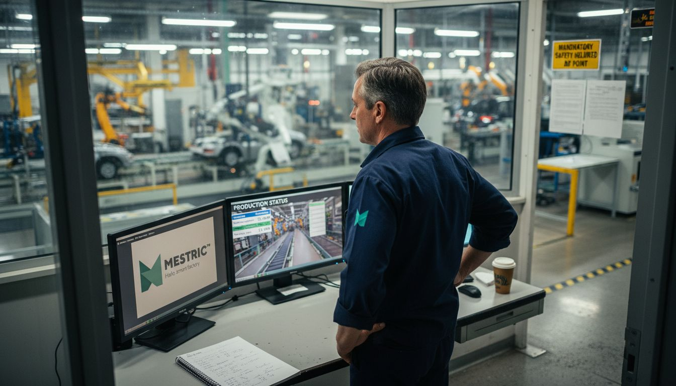 Factory supervisor monitors real-time production data
