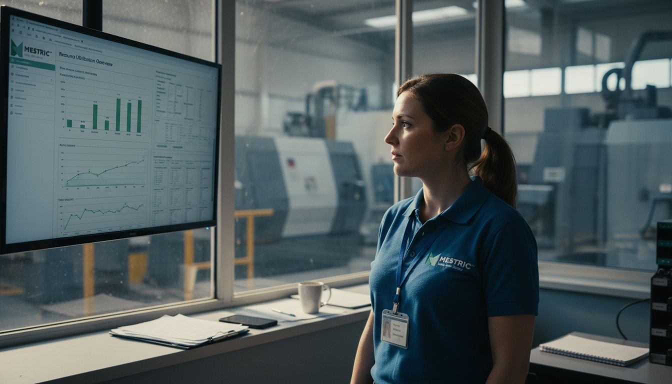 Factory manager reviewing resource utilisation dashboard