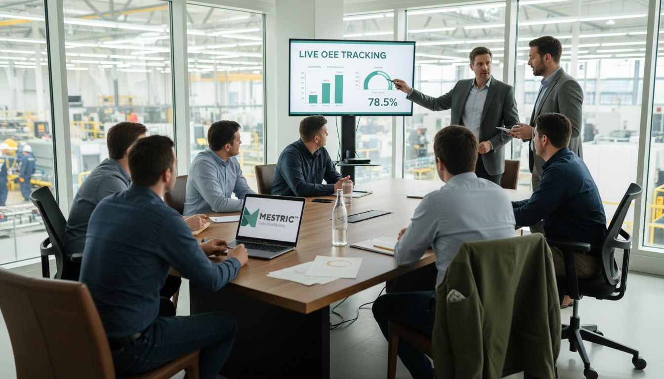 Team reviews factory workflow dashboard