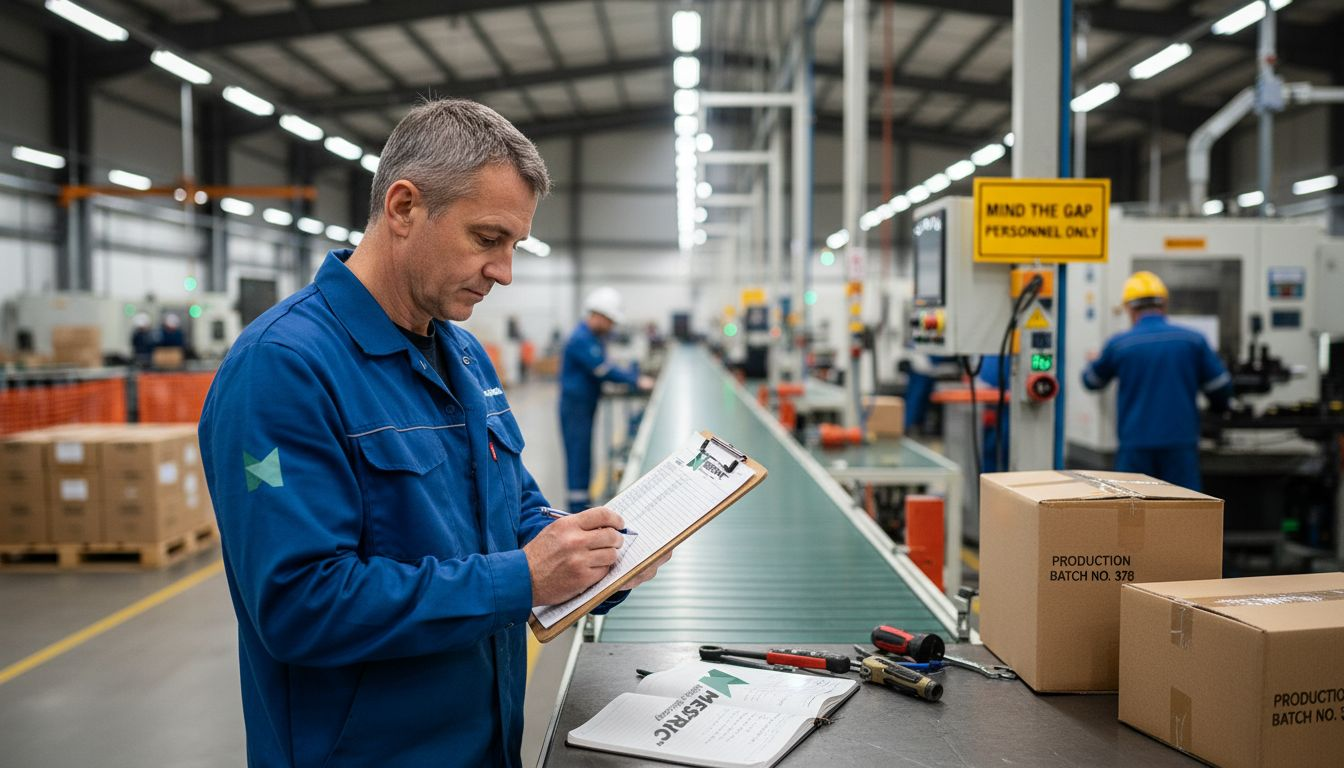 Supervisor reviewing productivity checklist on factory floor