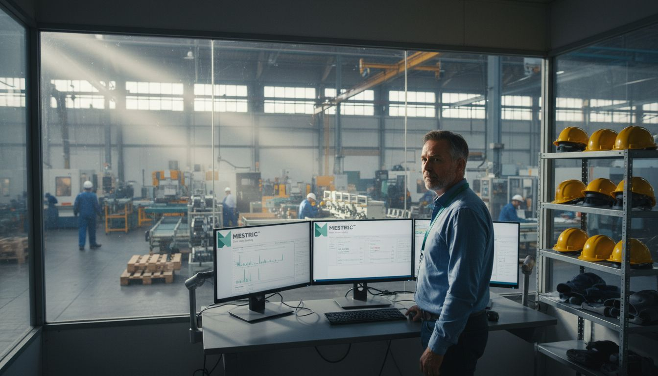 Manager in manufacturing control room with dashboards