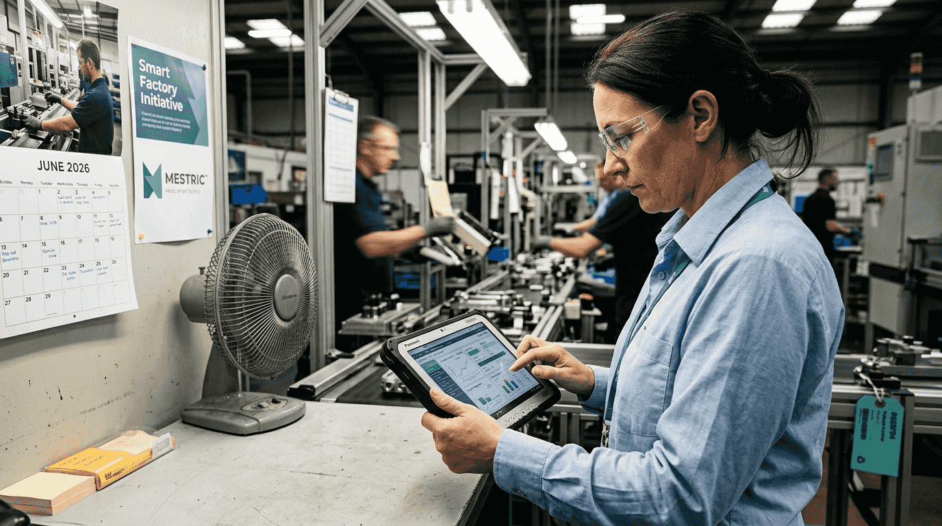 Manager analyzes factory data in busy plant