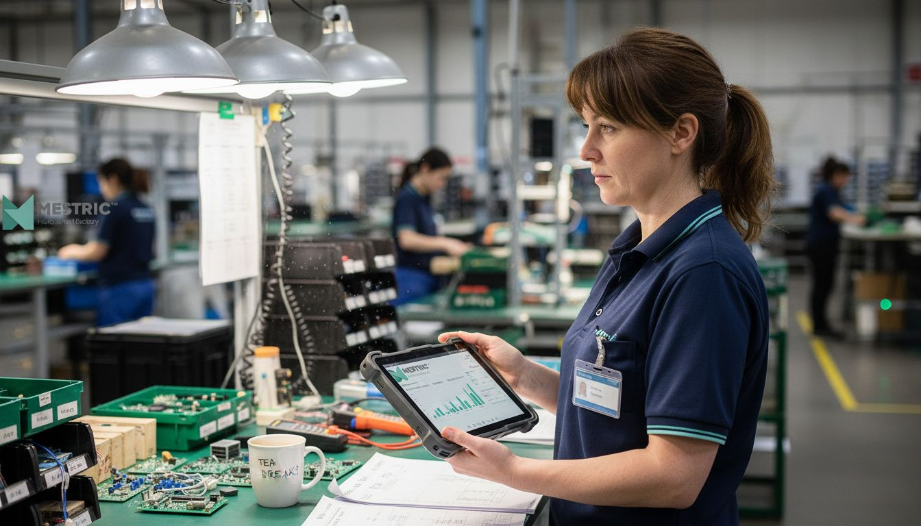 Supervisor reviews production data in electronics factory