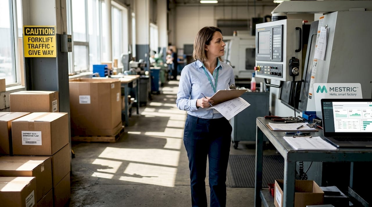 Manager analyzing waste on factory floor
