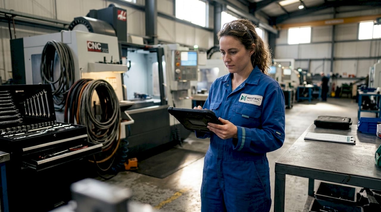 Supervisor using MES tablet on factory floor