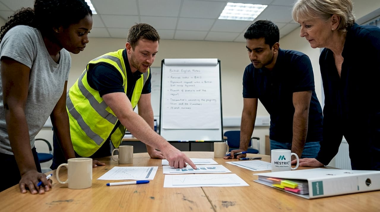 Production team reviews quality reports together