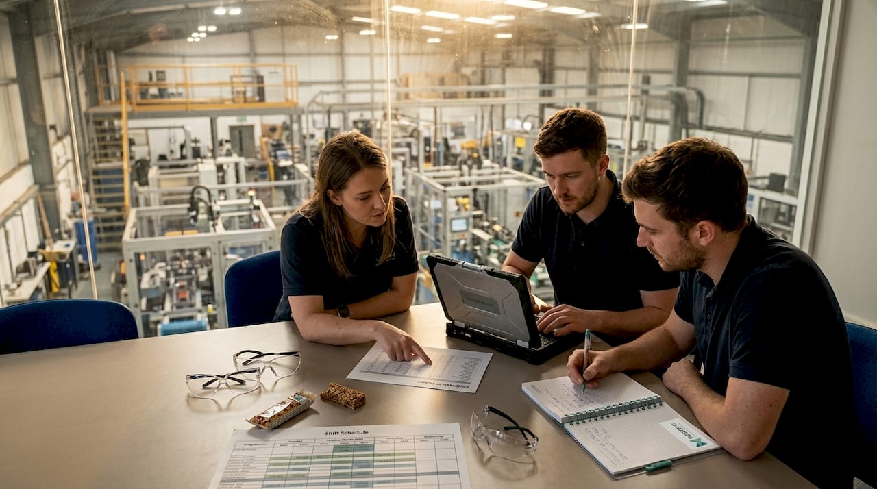 Engineers reviewing factory analytics report
