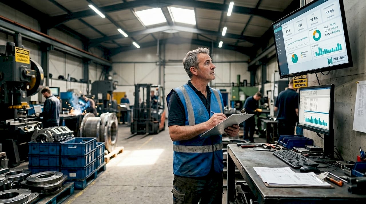 Factory manager reviewing production KPIs on shop floor