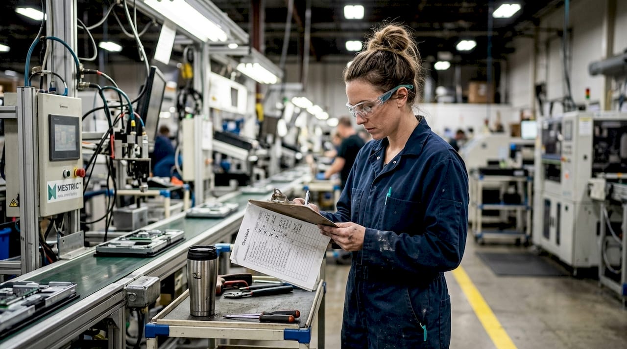 Supervisor reviews checklist on factory floor