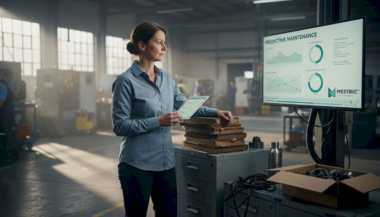 Factory manager checks predictive analytics dashboard