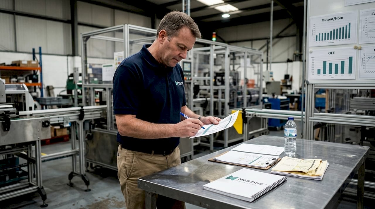 Factory manager reviewing manufacturing KPI report