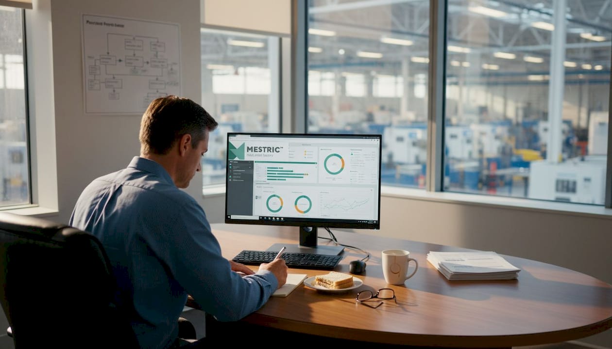 Manager analysing process data in corner office