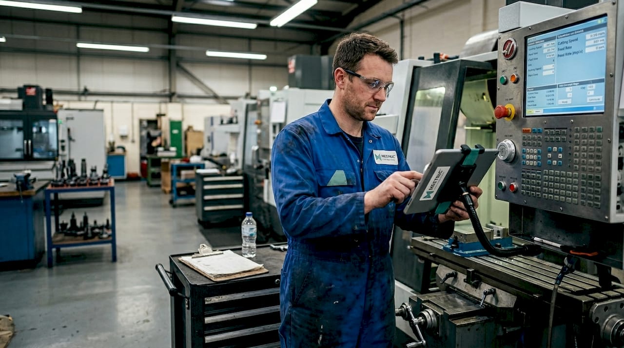 Technician at CNC machine using tablet