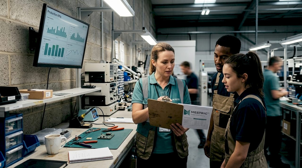 Factory team reviews quality objectives on monitor