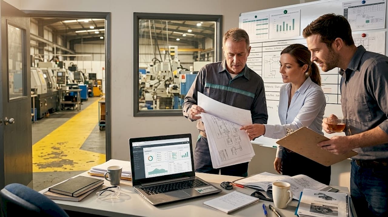 Factory supervisors discussing workflow by whiteboard