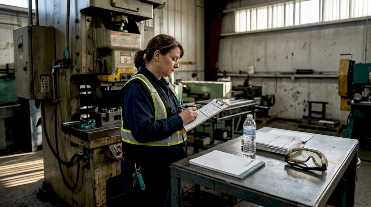 Factory supervisor reviewing clipboard by machinery