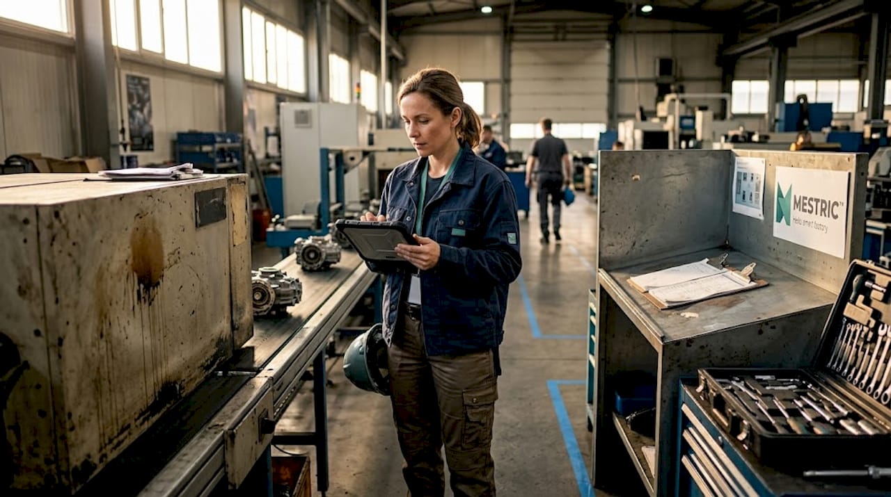 Supervisor on factory floor checking quality data