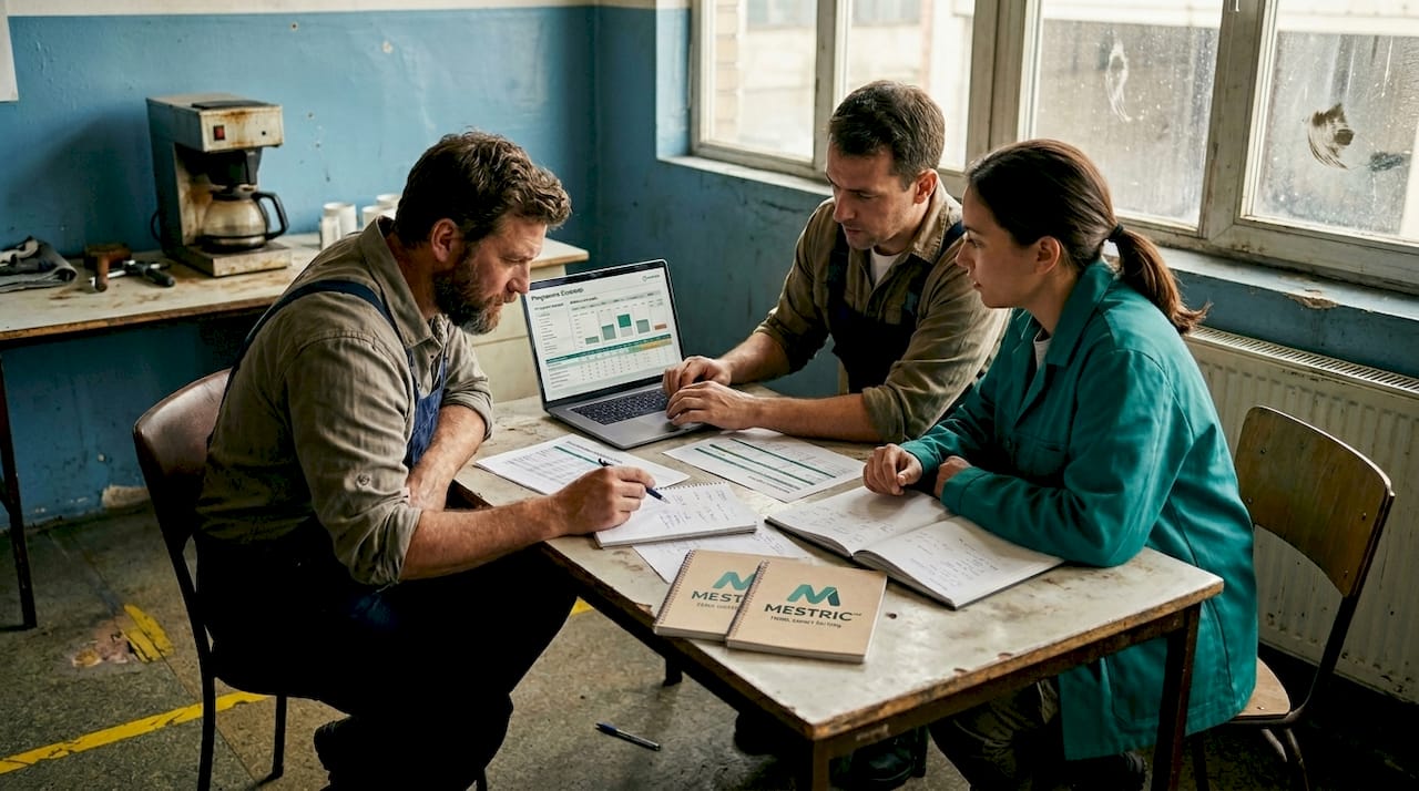 Engineers review production data in factory break room