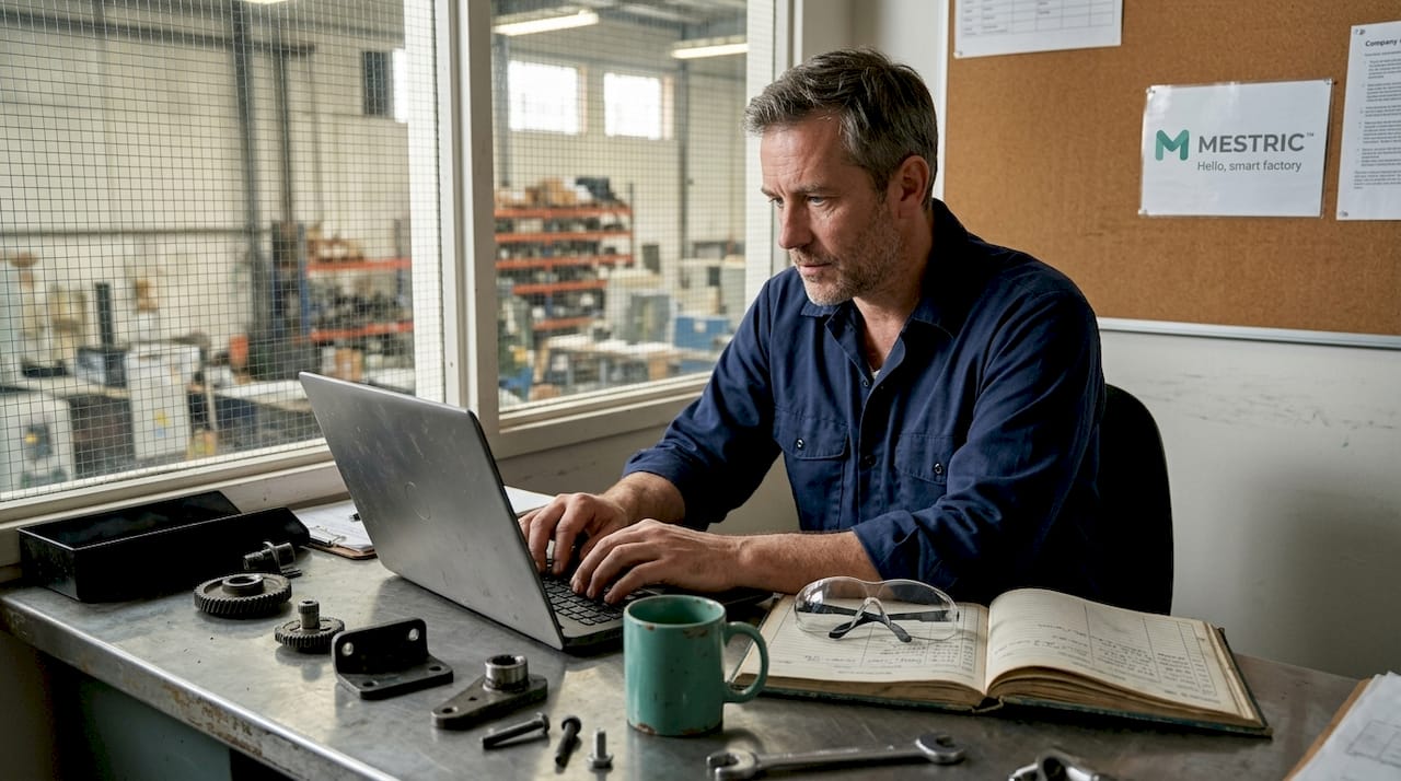Factory manager reviews manufacturing operations log