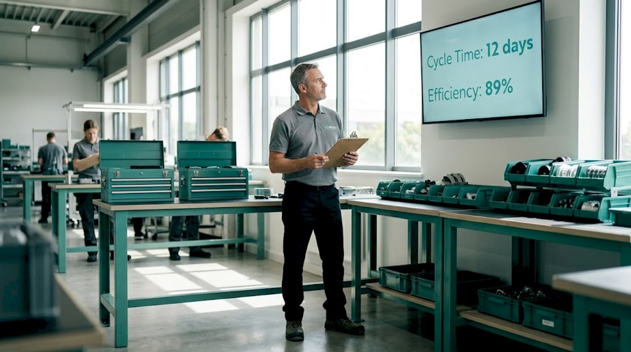 Factory supervisor checking cycle-time metrics display