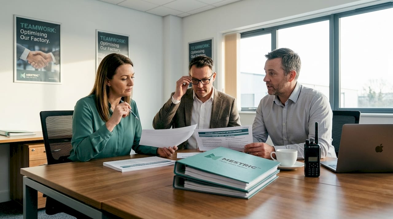 Supervisors in factory office reviewing efficiency data