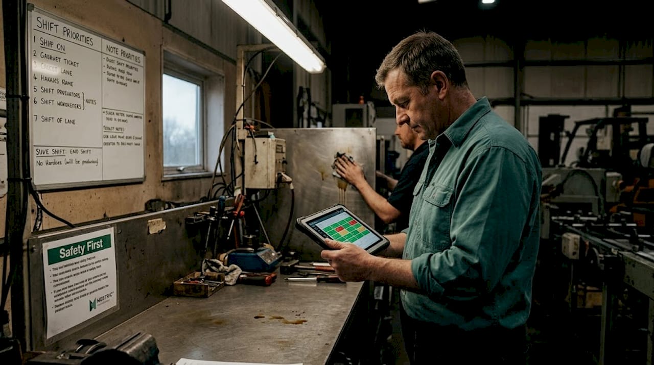 Plant manager reviewing data at workstation