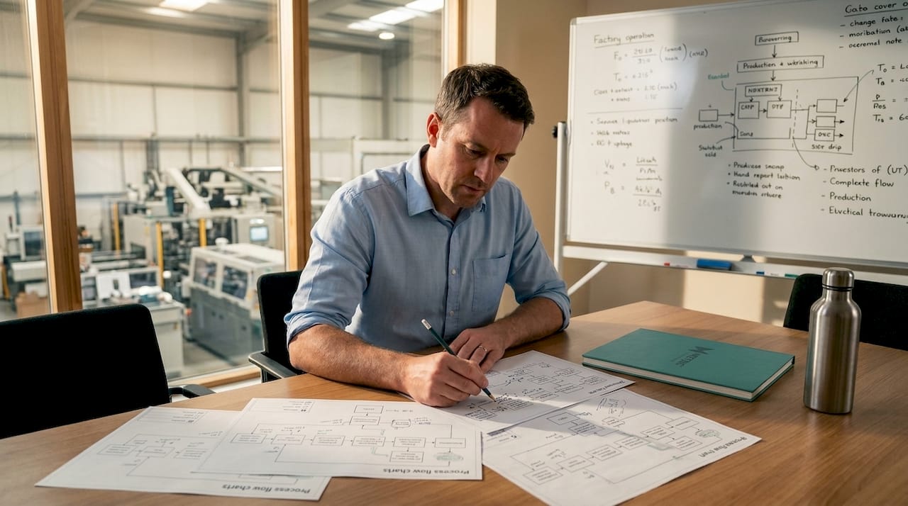 Manager reviewing production flow charts