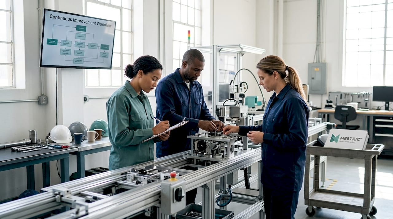 Manufacturing team collaborating on workflow
