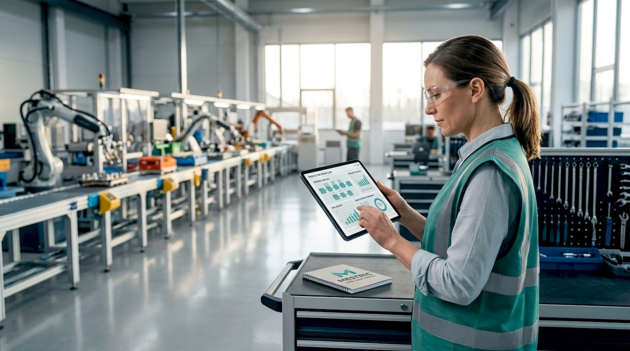 Engineer reviewing production flow on factory floor