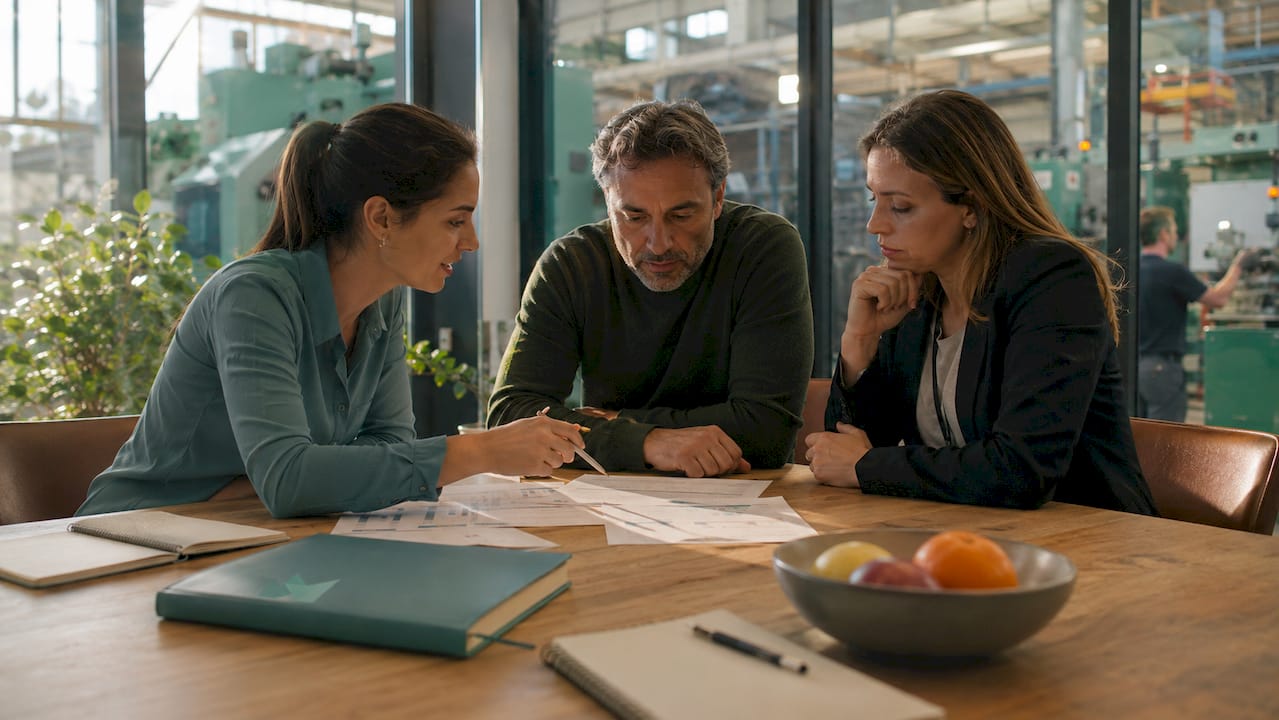 Factory managers discussing cost reports