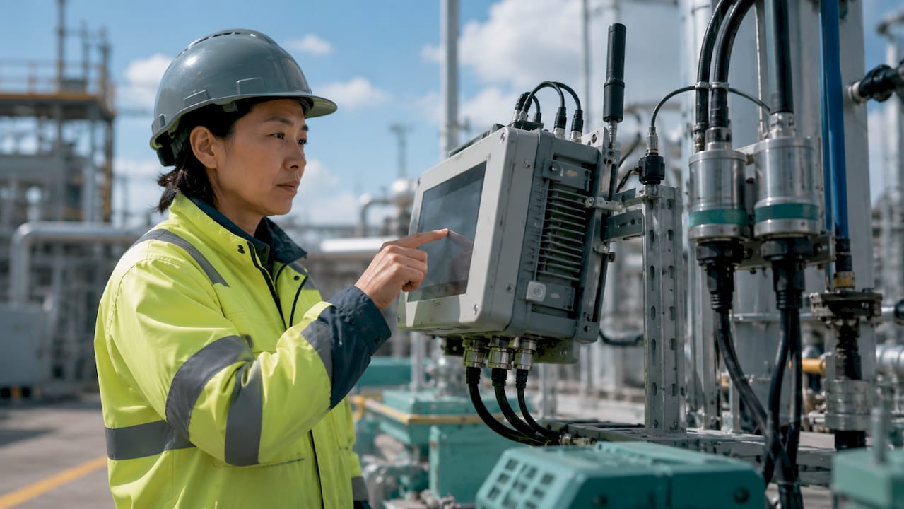 Engineer examining edge computing device in factory