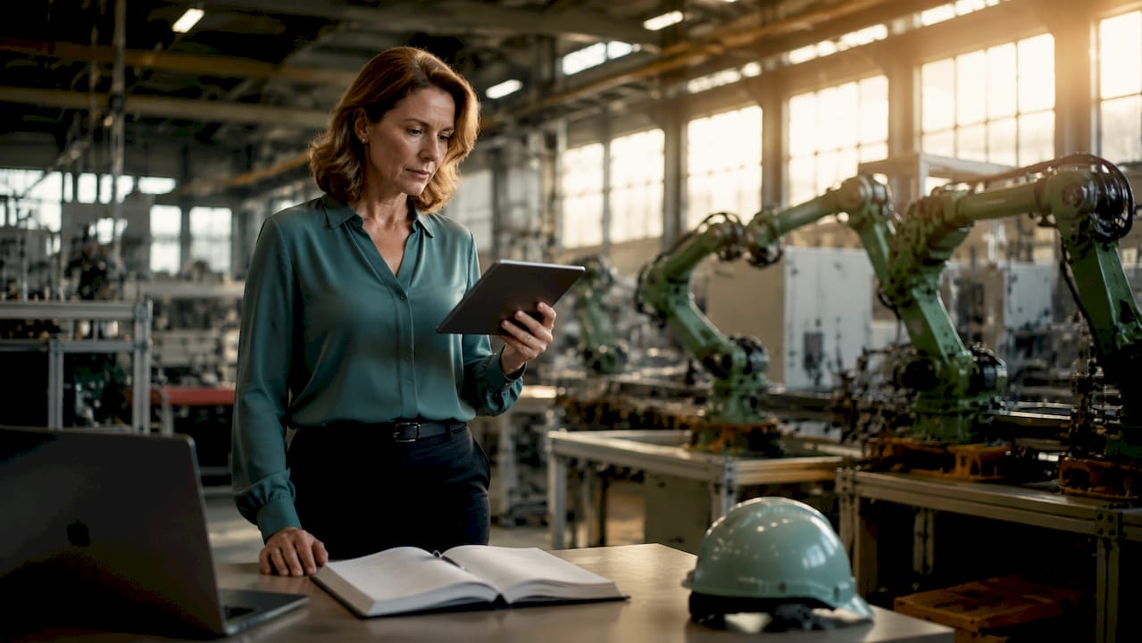 Plant manager reviewing automated factory reports