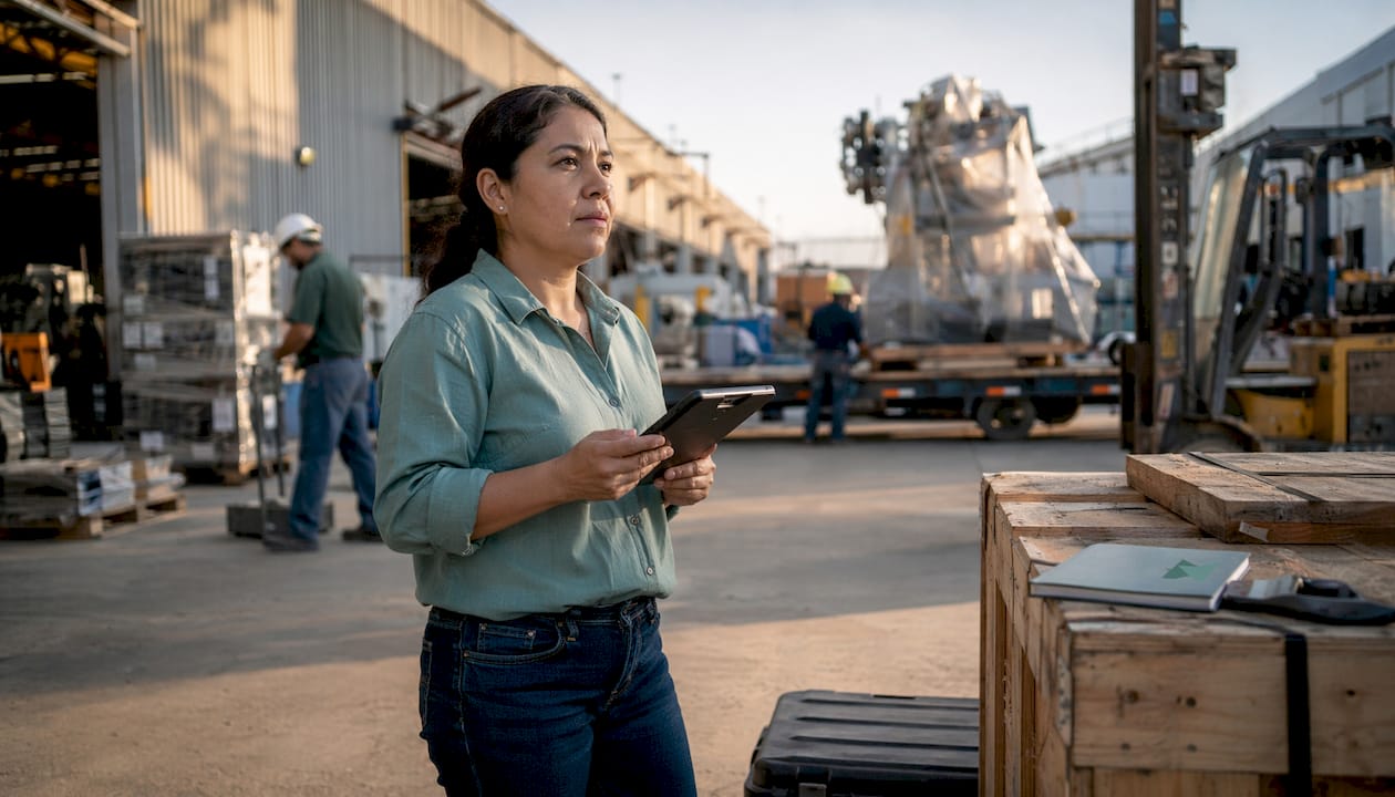 Factory production manager reviewing data clipboard