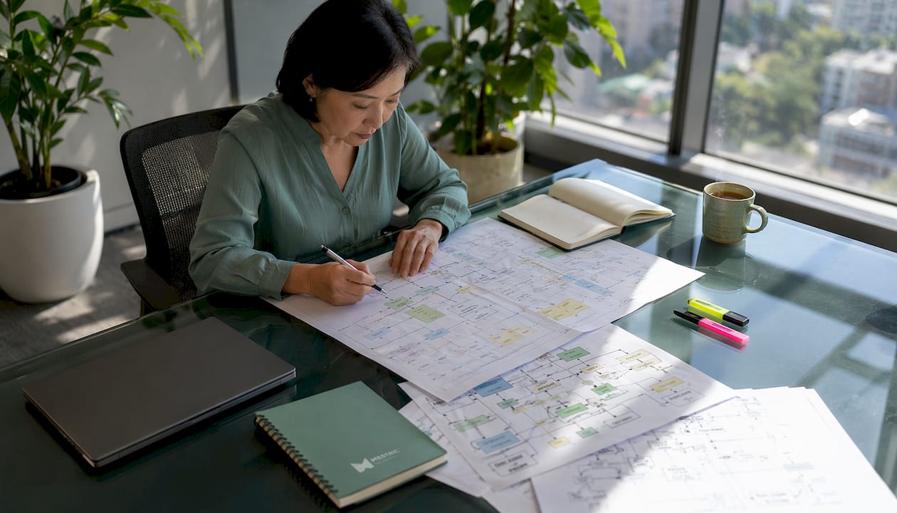 Factory manager reviewing printed workflow maps