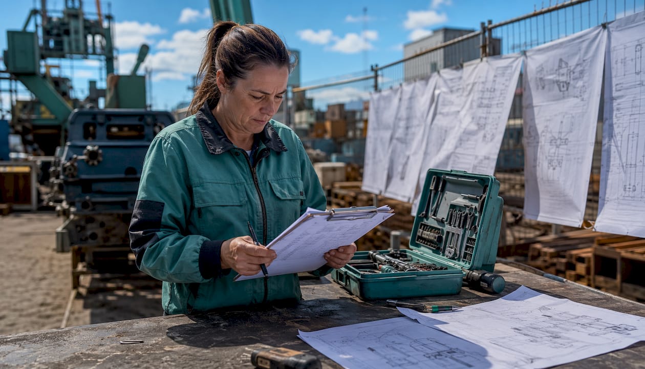 Engineer reviewing downtime log in plant office