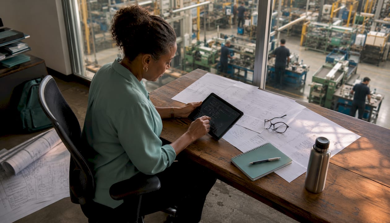 Woman reviewing manufacturing IT infrastructure