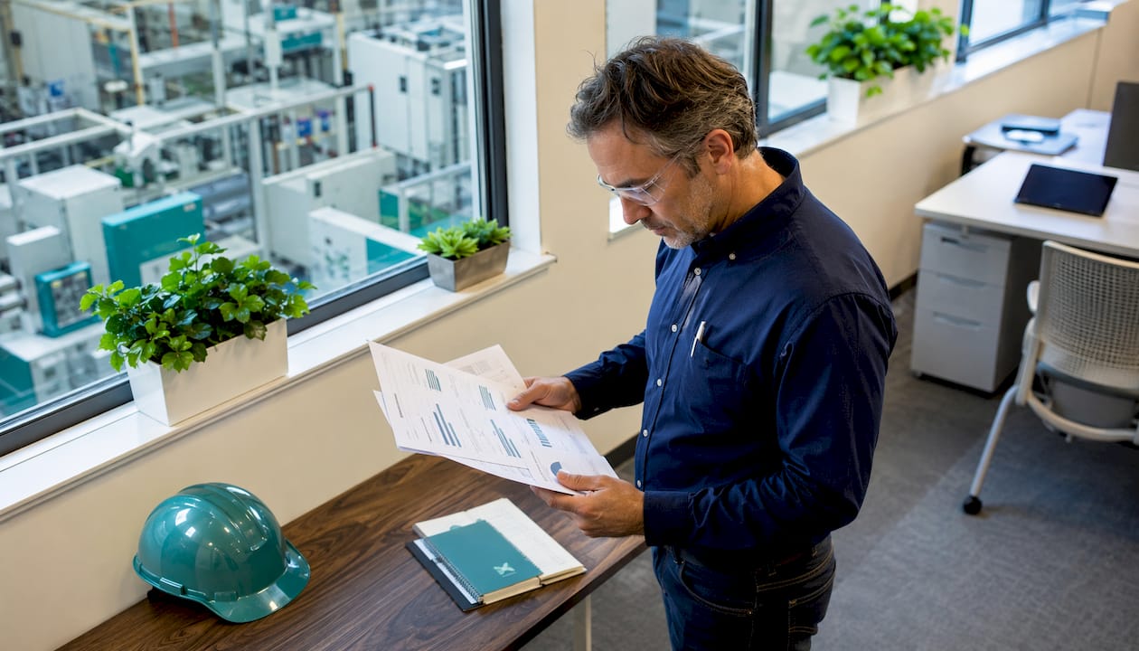 Engineer reviewing factory sensor data