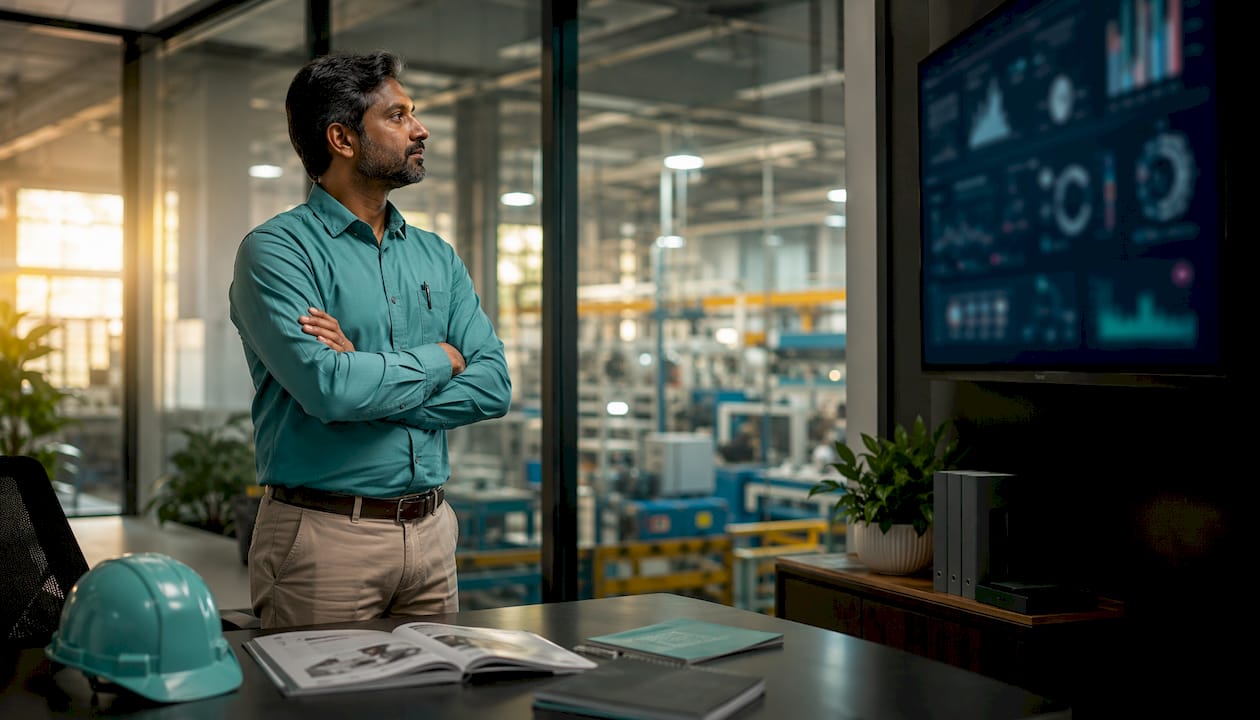 Engineer reviewing manufacturing control room data