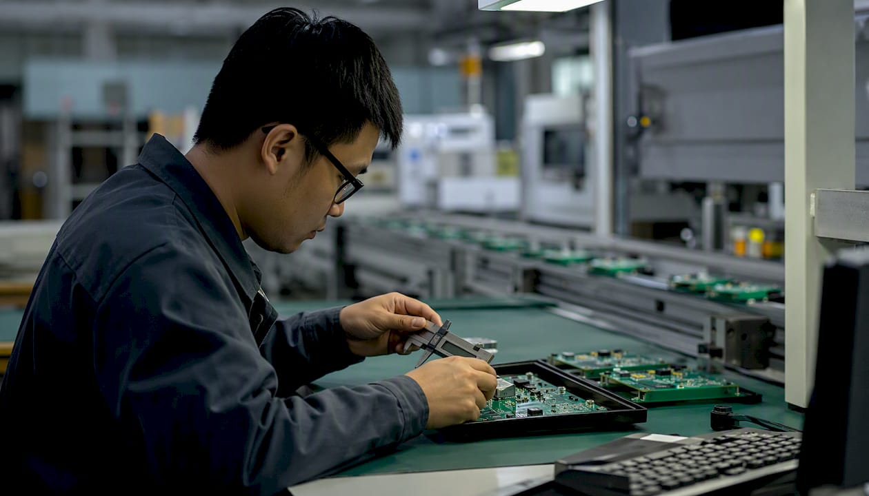 Technician inspecting circuit boards on line