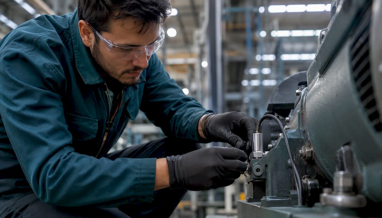 Engineer calibrating vibration sensor on machinery