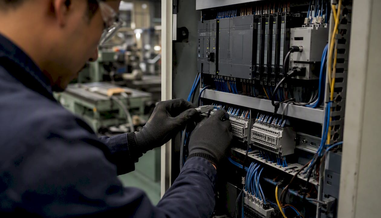 Technician wiring automation control panel