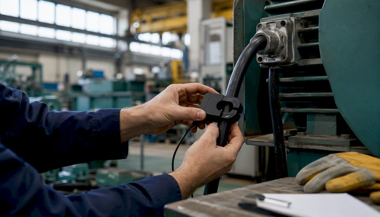Technician installing CT clamp on machine power cable