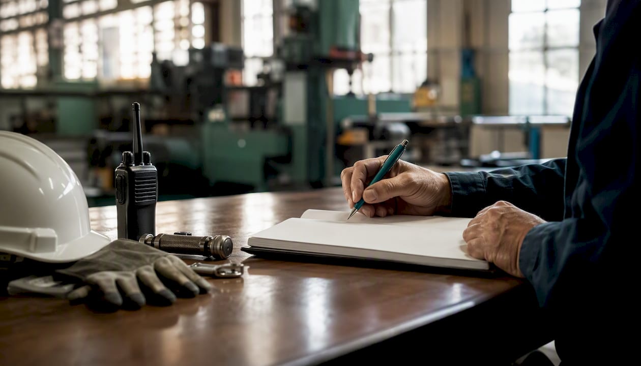 Supervisor writing handover notes at industrial bench