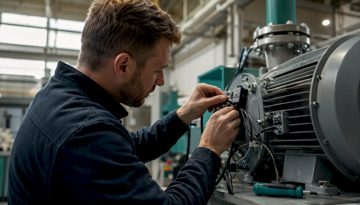 Hands installing sensors on factory machinery