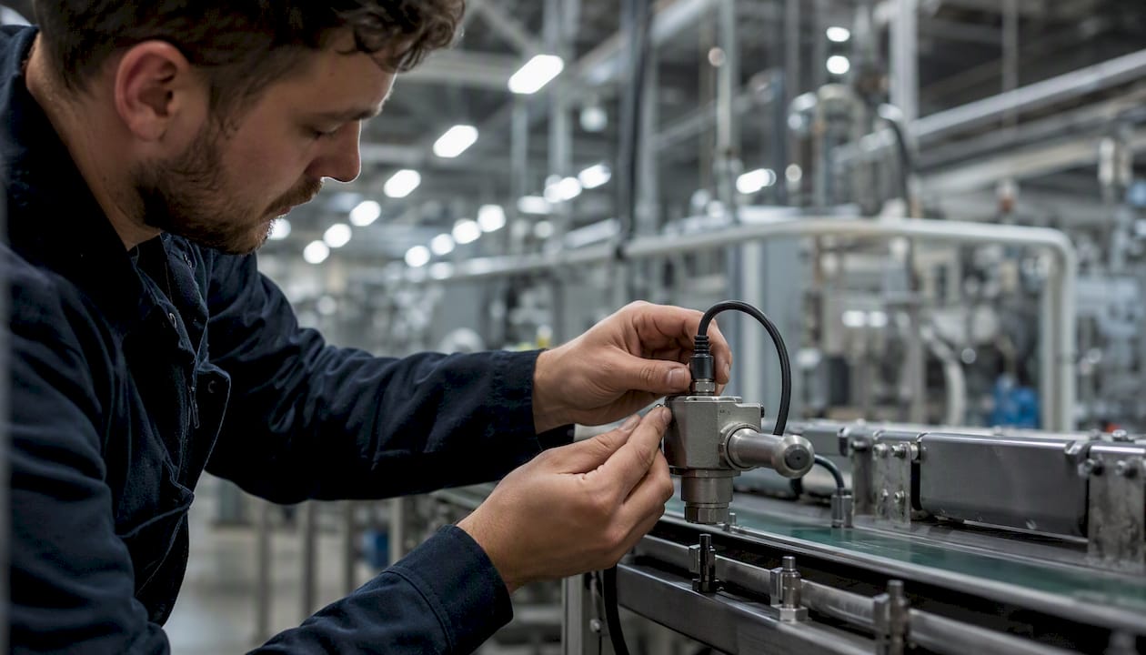 Technician adjusting conveyor flow sensor