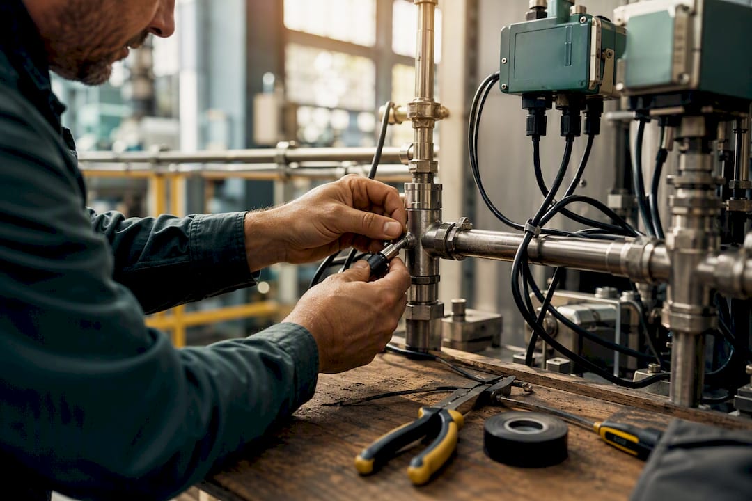 Technician connecting IoT sensors on factory machine